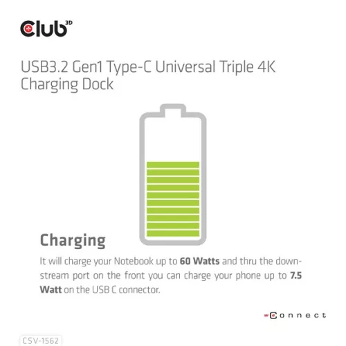 Club 3D Notebook Dokkoló - CSV-1562 (60W, 3.2 USB-C to 3xHDMI, 2x DP, 6x 3.2 USB-A, RJ45. 3,5 Jack)