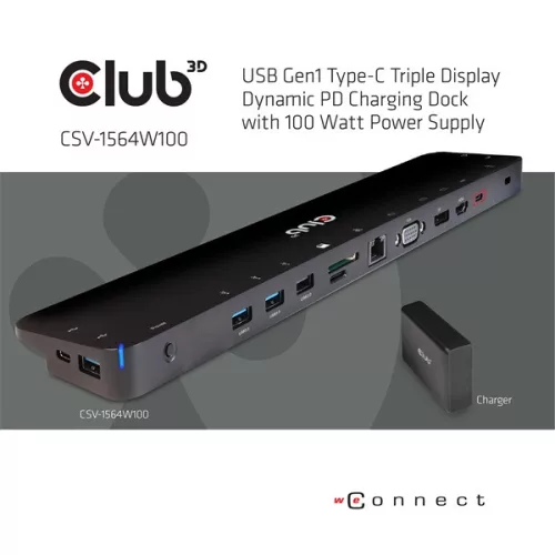 Club 3D Notebook Dokkoló - CSV-1564W100 (100W, 3.2 USB-C to 3xUSB-A 3.2, 5x USB-A,HDMI, PD, VGA, RJ45, SD, Micro SD, 3,5