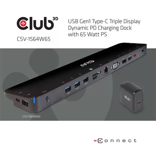 Club 3D Notebook Dokkoló - CSV-1564W65 (65W, 3.2 USB-C to 2xUSB-C, 5x USB-A,HDMI, PD, VGA, RJ45, SD, Micro SD, 3,5 Jack)