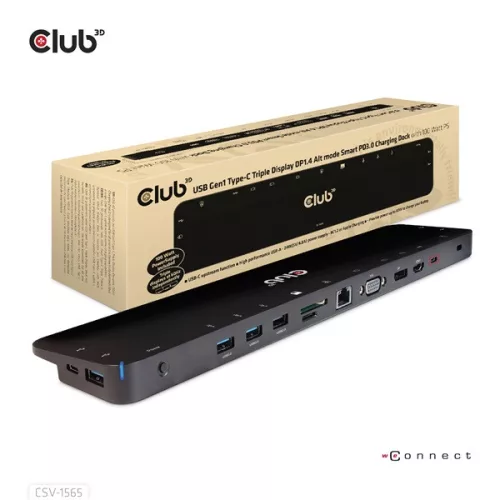 Club 3D Notebook Dokkoló - CSV-1565 (100W, USB-C to 5xUSB-A Gen 1, 2x USB-A 2.0, HDMI, DP,VGA, RJ45, Micro SD, 3,5 Jack)