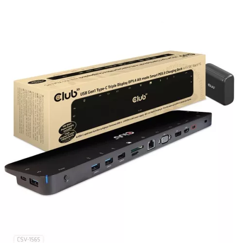 Club 3D Notebook Dokkoló - CSV-1565 (100W, USB-C to 5xUSB-A Gen 1, 2x USB-A 2.0, HDMI, DP,VGA, RJ45, Micro SD, 3,5 Jack)