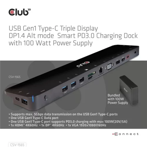 Club 3D Notebook Dokkoló - CSV-1565 (100W, USB-C to 5xUSB-A Gen 1, 2x USB-A 2.0, HDMI, DP,VGA, RJ45, Micro SD, 3,5 Jack)
