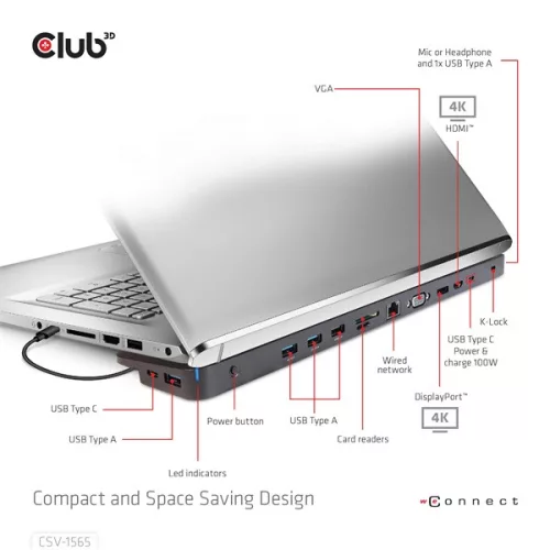 Club 3D Notebook Dokkoló - CSV-1565 (100W, USB-C to 5xUSB-A Gen 1, 2x USB-A 2.0, HDMI, DP,VGA, RJ45, Micro SD, 3,5 Jack)