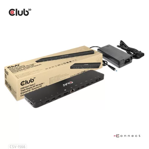 Club 3D Notebook Dokkoló - CSV-1566 (120W, USB-C to 5x USB-A Gen 1, USB-C  Gen 1, 2xHDMI, DP, RJ45, SD.TF. 3,5 Jack, DC)