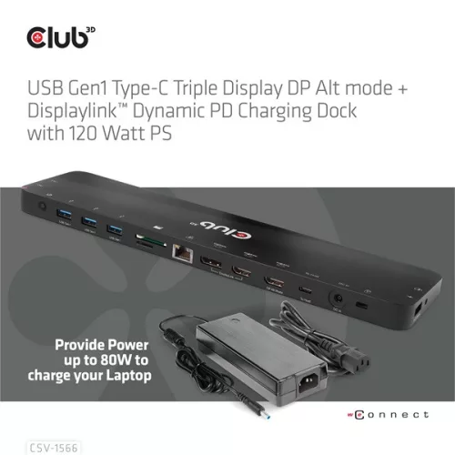 Club 3D Notebook Dokkoló - CSV-1566 (120W, USB-C to 5x USB-A Gen 1, USB-C  Gen 1, 2xHDMI, DP, RJ45, SD.TF. 3,5 Jack, DC)