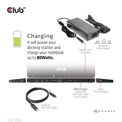 Club 3D Notebook Dokkoló - CSV-1566 (120W, USB-C to 5x USB-A Gen 1, USB-C  Gen 1, 2xHDMI, DP, RJ45, SD.TF. 3,5 Jack, DC)