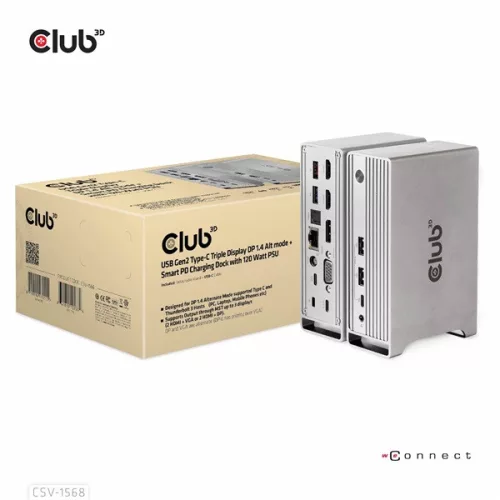 Club 3D Notebook Dokkoló - CSV-1568 (120W, Gen 2 USB-C to 4x USB-A, USB-C Gen 2, 2xHDMI, DP, VGA, RJ45, DC)
