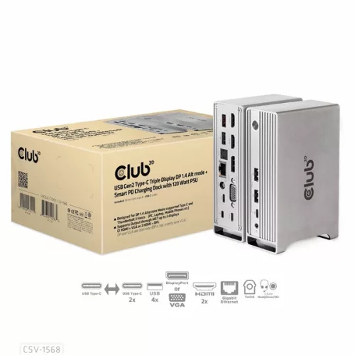 Club 3D Notebook Dokkoló - CSV-1568 (120W, Gen 2 USB-C to 4x USB-A, USB-C Gen 2, 2xHDMI, DP, VGA, RJ45, DC)
