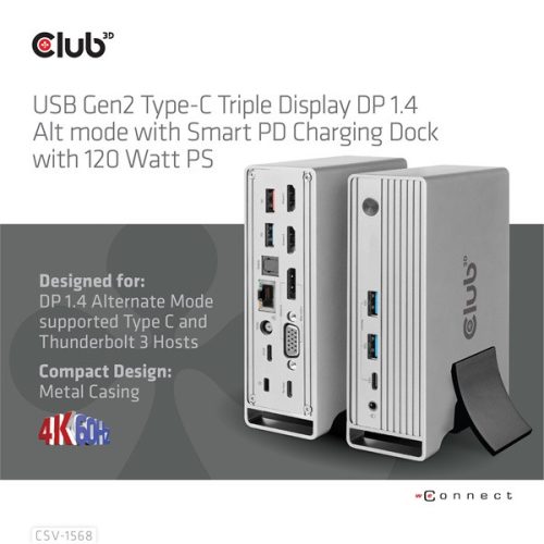 Club 3D Notebook Dokkoló - CSV-1568 (120W, Gen 2 USB-C to 4x USB-A, USB-C Gen 2, 2xHDMI, DP, VGA, RJ45, DC)