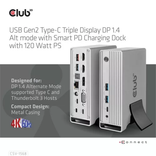 Club 3D Notebook Dokkoló - CSV-1568 (120W, Gen 2 USB-C to 4x USB-A, USB-C Gen 2, 2xHDMI, DP, VGA, RJ45, DC)