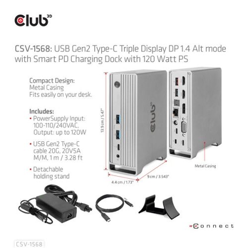 Club 3D Notebook Dokkoló - CSV-1568 (120W, Gen 2 USB-C to 4x USB-A, USB-C Gen 2, 2xHDMI, DP, VGA, RJ45, DC)