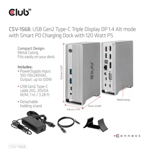Club 3D Notebook Dokkoló - CSV-1568 (120W, Gen 2 USB-C to 4x USB-A, USB-C Gen 2, 2xHDMI, DP, VGA, RJ45, DC)
