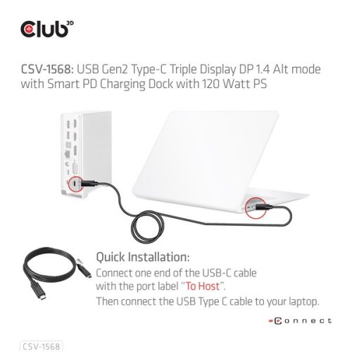 Club 3D Notebook Dokkoló - CSV-1568 (120W, Gen 2 USB-C to 4x USB-A, USB-C Gen 2, 2xHDMI, DP, VGA, RJ45, DC)