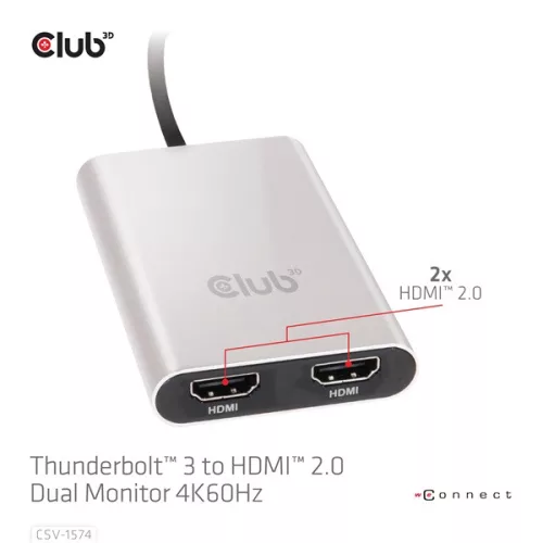Club 3D Video Splitter - CSV-1574 (Thunderbolt 3 to Dual HDMI 2.0, 4K60Hz)
