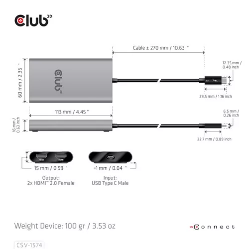 Club 3D Video Splitter - CSV-1574 (Thunderbolt 3 to Dual HDMI 2.0, 4K60Hz)