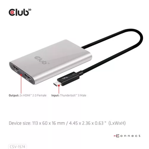 Club 3D Video Splitter - CSV-1574 (Thunderbolt 3 to Dual HDMI 2.0, 4K60Hz)