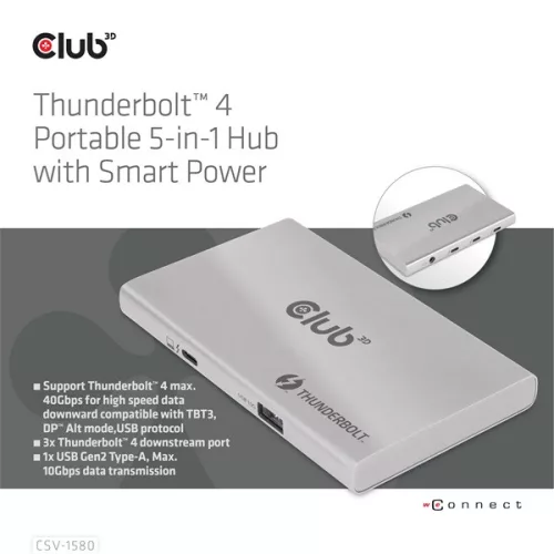 Club 3D USB Hub - CSV-1580 (Thunderbolt 4 to 3x Thunderbolt 4, 1x USB Gen2 Type-A, 100W DC, Max. 10Gbps)