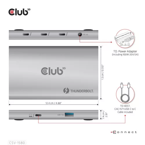 Club 3D USB Hub - CSV-1580 (Thunderbolt 4 to 3x Thunderbolt 4, 1x USB Gen2 Type-A, 100W DC, Max. 10Gbps)