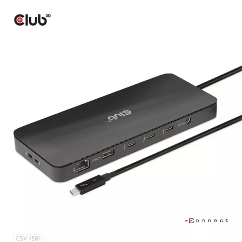 Club 3D Notebook Dokkoló - CSV-1581 (140W, Thunderbolt 4 to 3xThunderbolt 4, 3xUSB-A, SD, TF, RJ45, 3,5 Jack, DC)