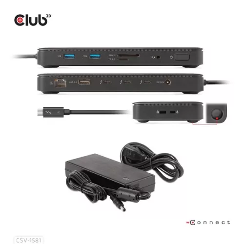 Club 3D Notebook Dokkoló - CSV-1581 (140W, Thunderbolt 4 to 3xThunderbolt 4, 3xUSB-A, SD, TF, RJ45, 3,5 Jack, DC)