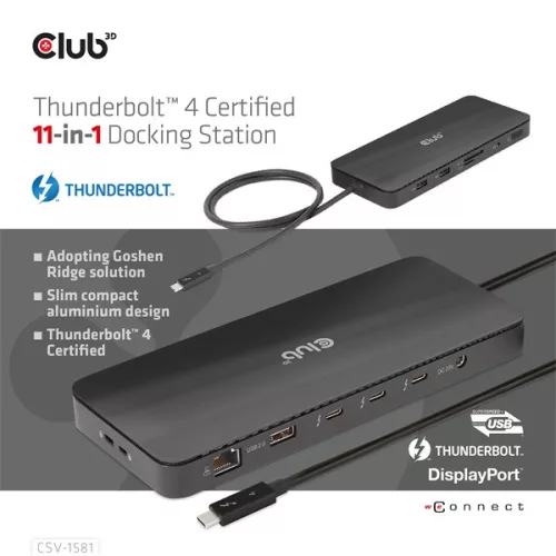 Club 3D Notebook Dokkoló - CSV-1581 (140W, Thunderbolt 4 to 3xThunderbolt 4, 3xUSB-A, SD, TF, RJ45, 3,5 Jack, DC)