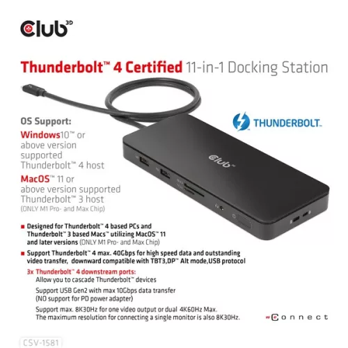 Club 3D Notebook Dokkoló - CSV-1581 (140W, Thunderbolt 4 to 3xThunderbolt 4, 3xUSB-A, SD, TF, RJ45, 3,5 Jack, DC)