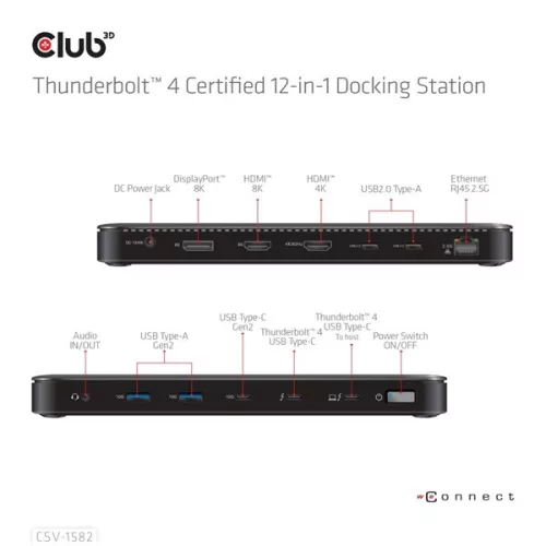 Club 3D Notebook Dokkoló - CSV-1582 (140W, Thunderbolt 4, DP, 2xHDMI, USB-C, 4xUSB-A, SD, TF, RJ45, 3,5 Jack, DC)
