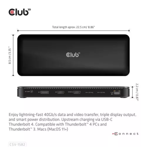 Club 3D Notebook Dokkoló - CSV-1582 (140W, Thunderbolt 4, DP, 2xHDMI, USB-C, 4xUSB-A, SD, TF, RJ45, 3,5 Jack, DC)