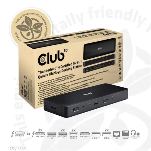 Club 3D Notebook Dokkoló - CSV-1583 (140W, 2xThunderbolt 4, 3xDP, 2xHDMI, USB-C, 3xUSB-A, SD, TF, RJ45, 3,5 Jack, DC)