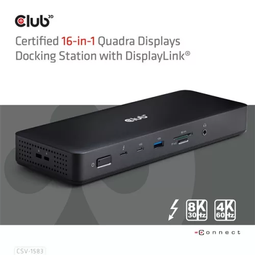 Club 3D Notebook Dokkoló - CSV-1583 (140W, 2xThunderbolt 4, 3xDP, 2xHDMI, USB-C, 3xUSB-A, SD, TF, RJ45, 3,5 Jack, DC)
