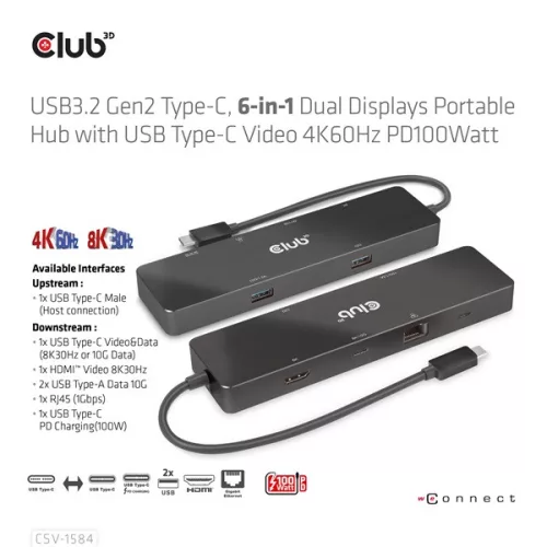 Club 3D USB Hub - CSV-1584 (3.2 USB-C Gen 2 to USB-C, 2xUSB-A, USB-C 100W PD, HDMI, RJ45, 8K60hz)