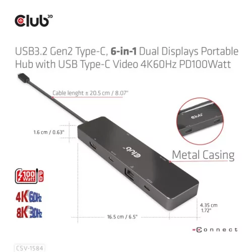 Club 3D USB Hub - CSV-1584 (3.2 USB-C Gen 2 to USB-C, 2xUSB-A, USB-C 100W PD, HDMI, RJ45, 8K60hz)