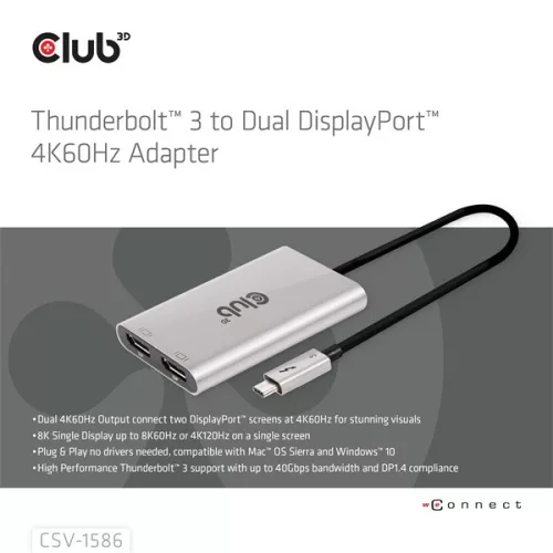 Club 3D Video Splitter - CSV-1586 (Thunderbolt 3 to Dual DisplayPort, 40Gbps, 4K60Hz)