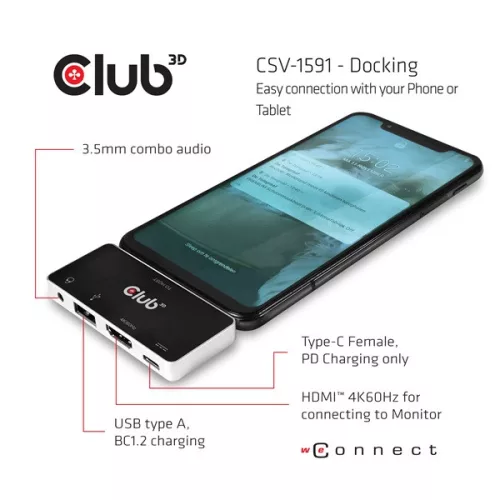 Club 3D USB Hub - CSV-1591 (3.1 USB-C Gen 1 to HDMI, 2.0 USB-A, USB-C 100W, 3,5 Jack, 4k60Hz)