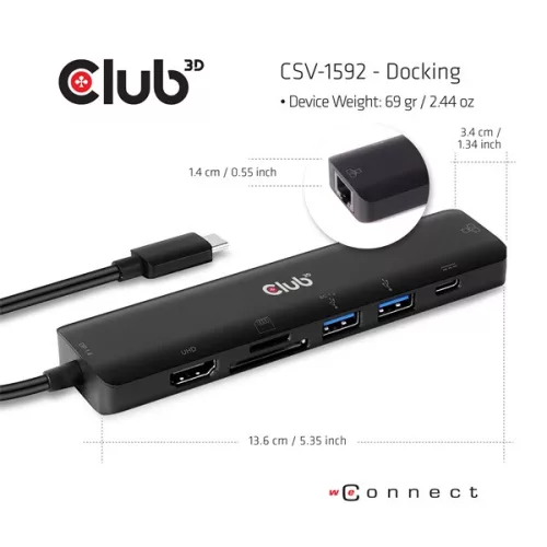 Club 3D USB Hub - CSV-1592 (3.1 USB-C Gen 1 to HDMI, 2xUSB-A BC1.2 charge, USB-C PD charge, SD, Micro SD, RJ45, 4K60Hz)