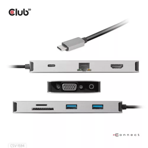 Club 3D USB Hub - CSV-1594 (3.1 USB-C Gen 1 to HDMI, 2xUSB-A Gen 1, USB-C Gen 1, VGA, SD, Micro SD 3.0, RJ45, 3,5 Jack)