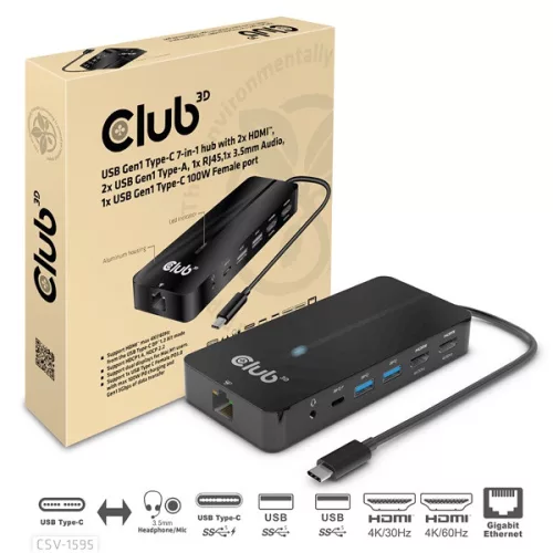 Club 3D USB Hub - CSV-1595 (USB-C Gen 1 to 2xHDMI, 2xUSB-A Gen 1, USB-C Gen 1 100W PD 3.0, RJ45, 3,5 Jack, 4k60Hz)