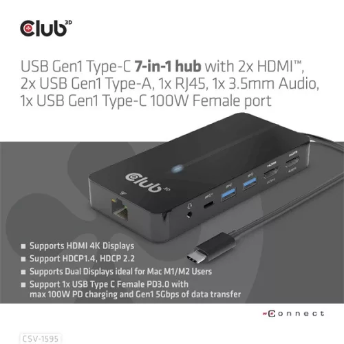 Club 3D USB Hub - CSV-1595 (USB-C Gen 1 to 2xHDMI, 2xUSB-A Gen 1, USB-C Gen 1 100W PD 3.0, RJ45, 3,5 Jack, 4k60Hz)