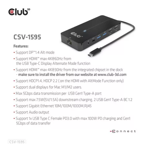 Club 3D USB Hub - CSV-1595 (USB-C Gen 1 to 2xHDMI, 2xUSB-A Gen 1, USB-C Gen 1 100W PD 3.0, RJ45, 3,5 Jack, 4k60Hz)