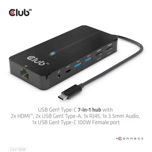 Club 3D USB Hub - CSV-1595 (USB-C Gen 1 to 2xHDMI, 2xUSB-A Gen 1, USB-C Gen 1 100W PD 3.0, RJ45, 3,5 Jack, 4k60Hz)