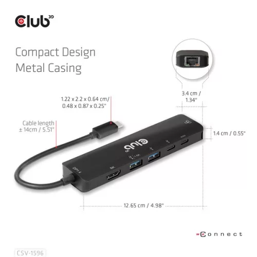 Club 3D USB Hub - CSV-1596 (USB-C to 2xHDMI, 2xUSB-A, USB-C PD, RJ45, 4k60Hz)