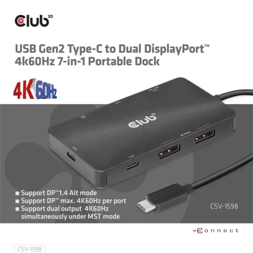 Club 3D USB Hub - CSV-1598 (USB-C Gen 2 to 2xDisplayPort, 2xUSB-A Gen 2, 2xUSB-C Gen 2, RJ45, 4k60Hz)