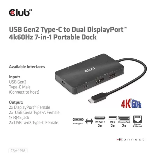 Club 3D USB Hub - CSV-1598 (USB-C Gen 2 to 2xDisplayPort, 2xUSB-A Gen 2, 2xUSB-C Gen 2, RJ45, 4k60Hz)