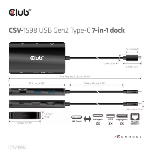 Club 3D USB Hub - CSV-1598 (USB-C Gen 2 to 2xDisplayPort, 2xUSB-A Gen 2, 2xUSB-C Gen 2, RJ45, 4k60Hz)