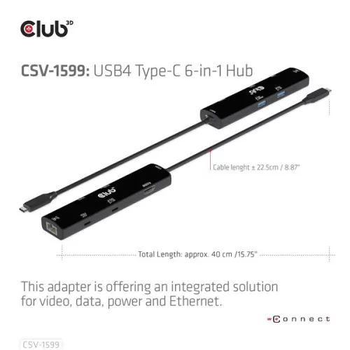 Club 3D USB Hub - CSV-1599 (USB-C 4 to HDMI, 2xUSB-A (10G), RJ45 (2,5G), USB-C 100W PD 3.0, USB-C 10Gbps, 8k60Hz)