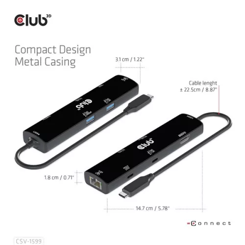 Club 3D USB Hub - CSV-1599 (USB-C 4 to HDMI, 2xUSB-A (10G), RJ45 (2,5G), USB-C 100W PD 3.0, USB-C 10Gbps, 8k60Hz)