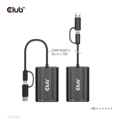 Club 3D Átalakító - CSV-1611(USB-C (USB-A Adapterrel) to Dual HDMI (4K/30Hz) / VGA (1080/60Hz))