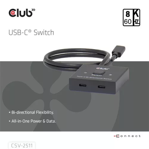 Club 3D USB Hub - CSV-2511 (USB-C to 2xUSB-C, Bidirectional, 100W PD, 8K60Hz/4K120Hz)