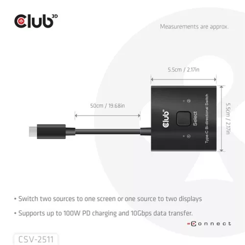 Club 3D USB Hub - CSV-2511 (USB-C to 2xUSB-C, Bidirectional, 100W PD, 8K60Hz/4K120Hz)