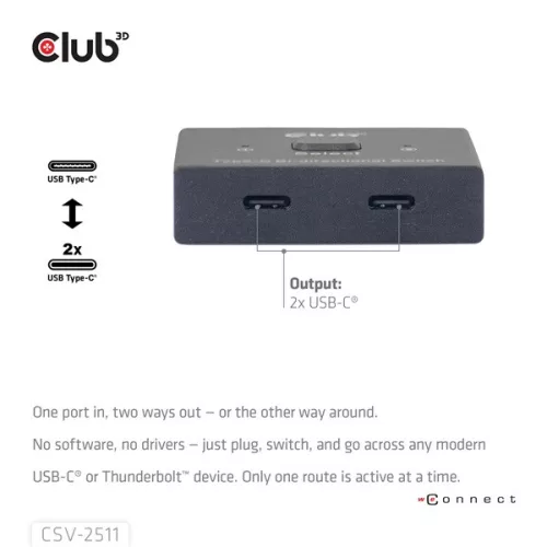 Club 3D USB Hub - CSV-2511 (USB-C to 2xUSB-C, Bidirectional, 100W PD, 8K60Hz/4K120Hz)